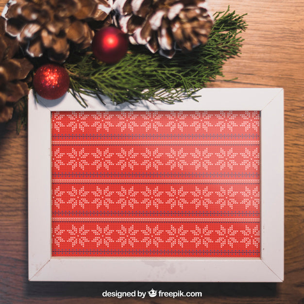 Free Christmas Mockup With Frame And Pine Cones Psd