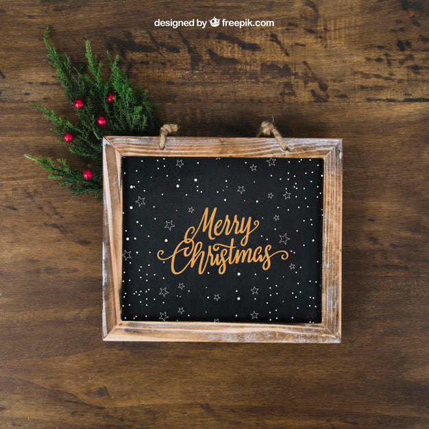 Free Christmas Mockup With Slate And Mistletoe Psd