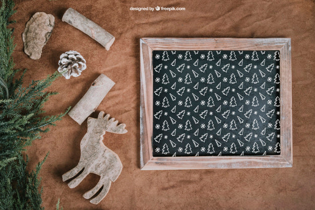 Free Christmas Mockup With Slate And Reindeers Psd