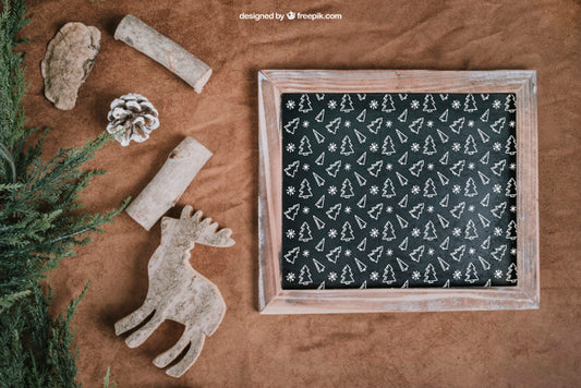 Free Christmas Mockup With Slate And Reindeers Psd