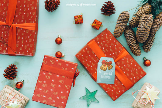 Free Christmas Mockup With Three Gift Boxes Psd