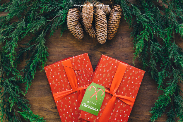Free Christmas Mockup With Two Gift Boxes Psd