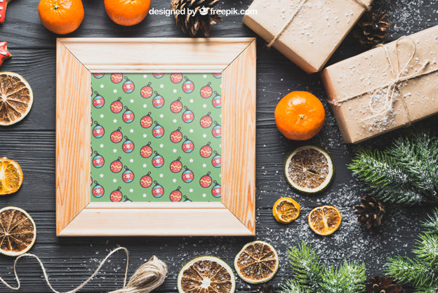Free Christmas Mockup With Wooden Frame Psd