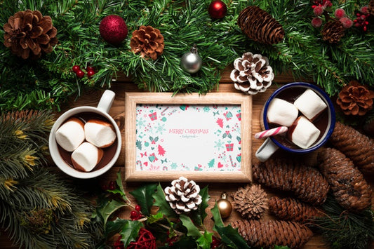 Free Christmas Pine Decor And Hot Chocolates With Frame Mock-Up Psd