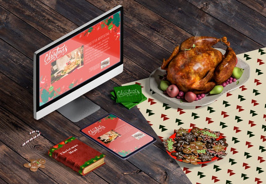 Free Christmas Scene Creator On Wooden Table Psd