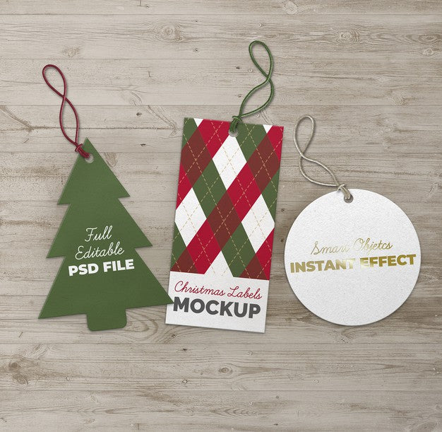Free Christmas Tree Circle And Rectangle Labels Mockup Psd