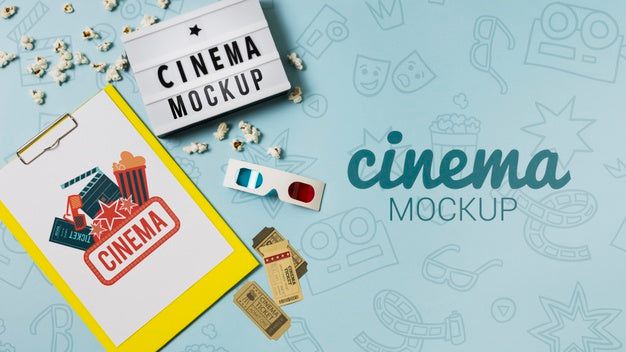 Free Cinema Arrangement With Clipboard Mock-Up And Copy Space Psd