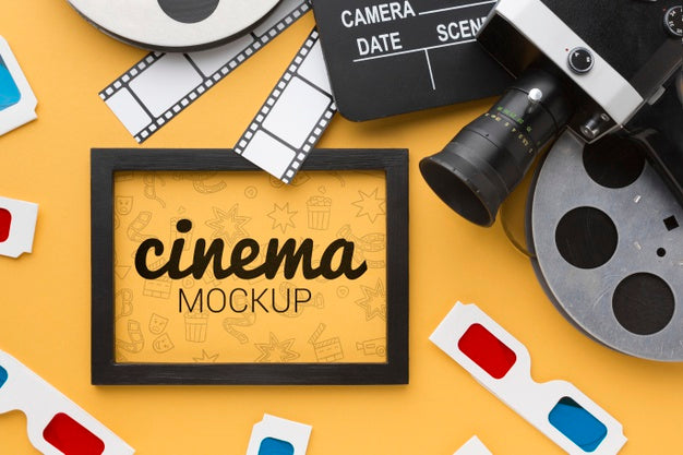 Free Cinema Mock-Up In Frame And Props Psd