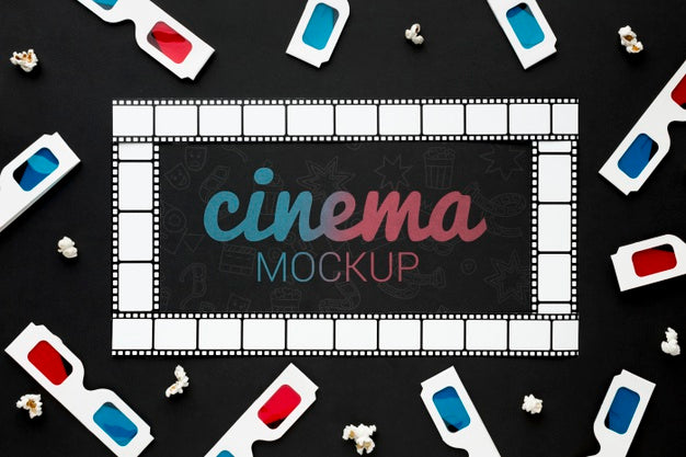 Free Cinema Mock-Up With Film Strip And 3D Glasses Psd