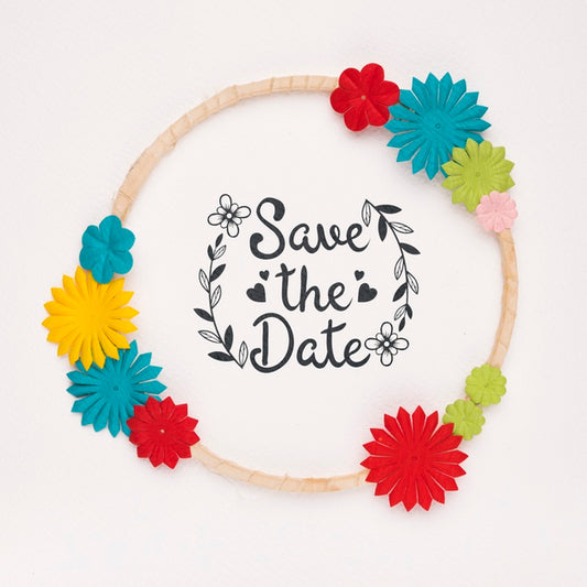 Free Circular Frame With Colourful Flowers Save The Date Mock-Up Psd