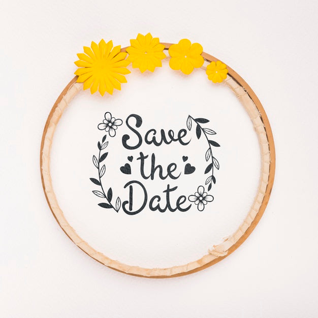 Free Circular Frame With Yellow Flowers Save The Date Mock-Up Psd