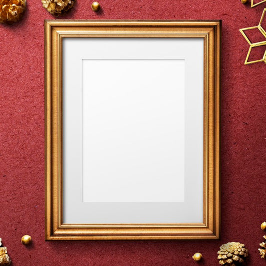 Free Classic Gold Frame Mockup With Christmas Decorations Psd
