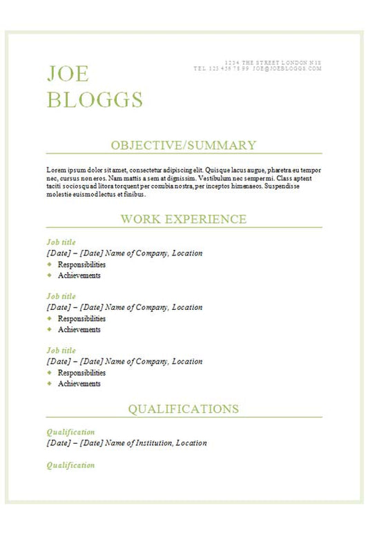 Free Classic Green Text Only CV Resume Template in Microsoft Word (DOCX) Format