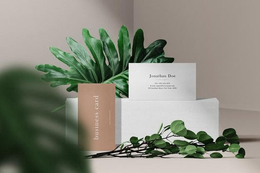 Free Clean Minimal Business Card Mockup On Stone With Plant And Leaves Background. Psd File. Psd