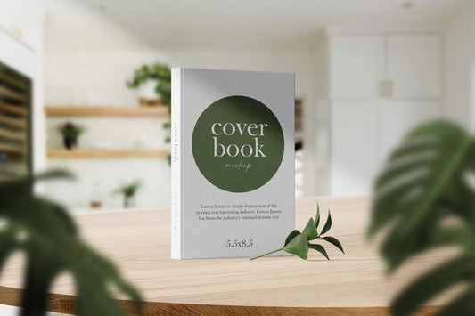 Free Clean Minimal Photo Book 5.5X8.5 Mockup Standing On Top Table With Vase Background. Psd File. Psd