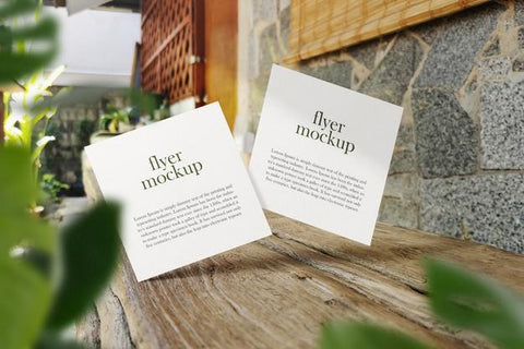 Free Clean Minimal Square Flyer Mockup Floating On Wood Bench With Leaves. Psd File. Psd