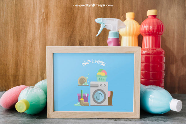 Free Cleaning Mockup With Frame Leaning Against Plastic Bottle Psd