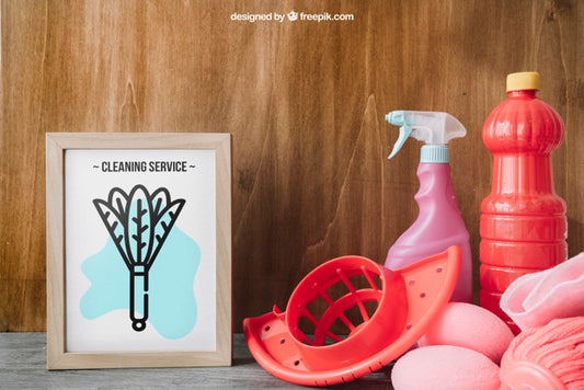 Free Cleaning Mockup With Frame On Left Psd