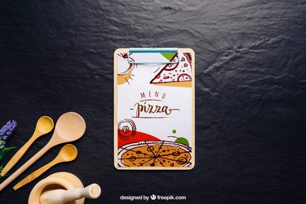 Free Clip Board Mockup With Pizza Design Psd