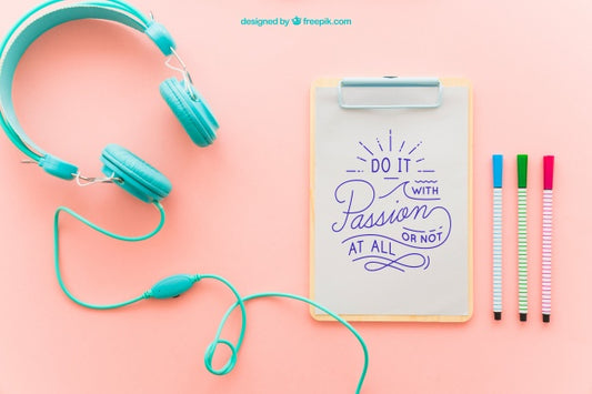 Free Clipboard, Headphones And Pens Psd