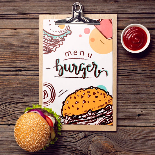 Free Clipboard Menu Burger And Food On Wooden Background Psd
