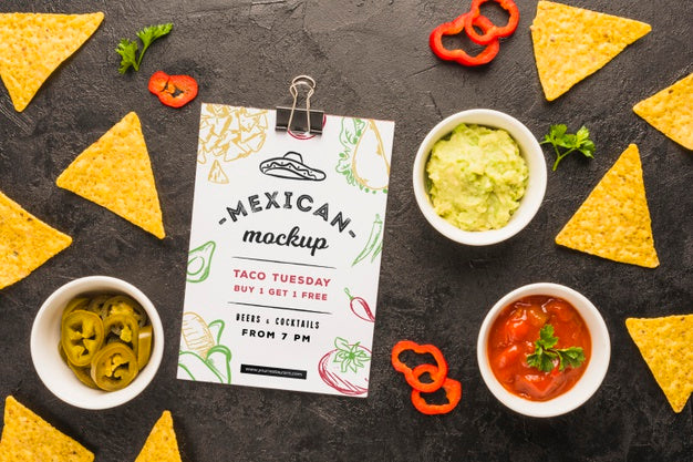 Free Clipboard Mockup Next To Tortilla Chips And Ingredients Psd