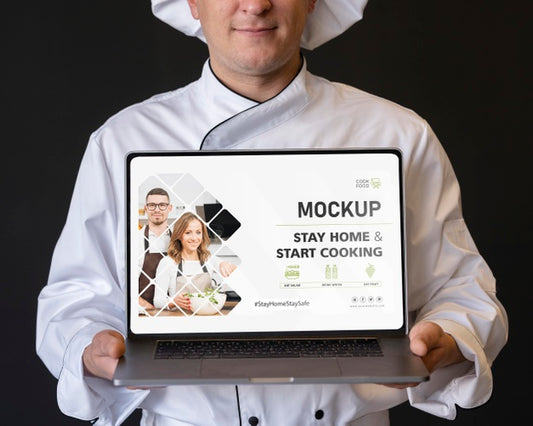 Free Close-Up Chef Holding Laptop Psd