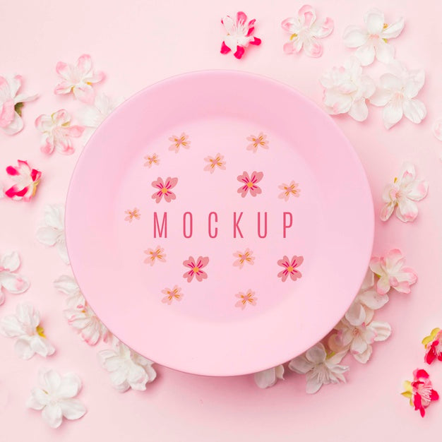 Free Close Up Ink Plate Mockup Surrounded By Jasmine Flowers Psd