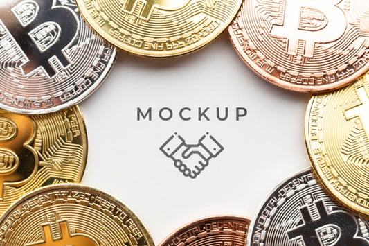 Free Close-Up Set Of Bitcoins With Mock-Up Psd