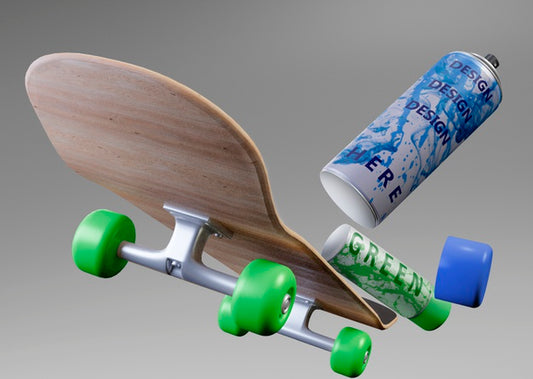 Free Close-Up Skateboard Next To Spray Cans Psd