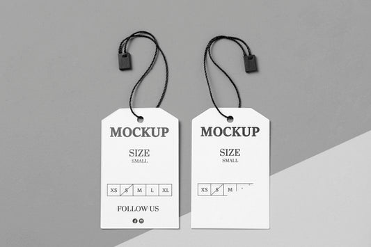 Free Clothing White Size Tags With Black Thread Mock-Up Psd