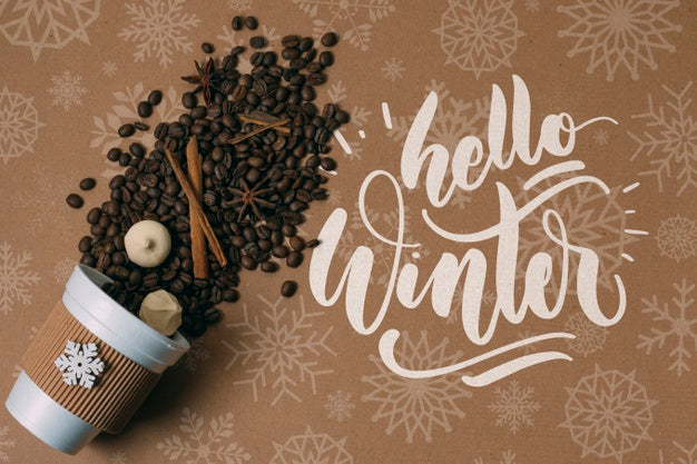 Free Coffee Beans In A Cup With Hello Winter Greeting Psd
