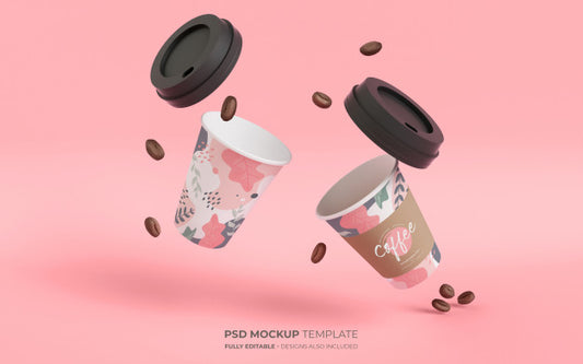 Free Coffee Cups In Gravity Mockup Psd