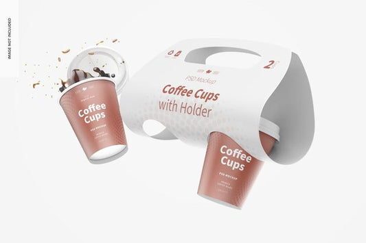Free Coffee Cups With Holder Mockup, Floating Psd