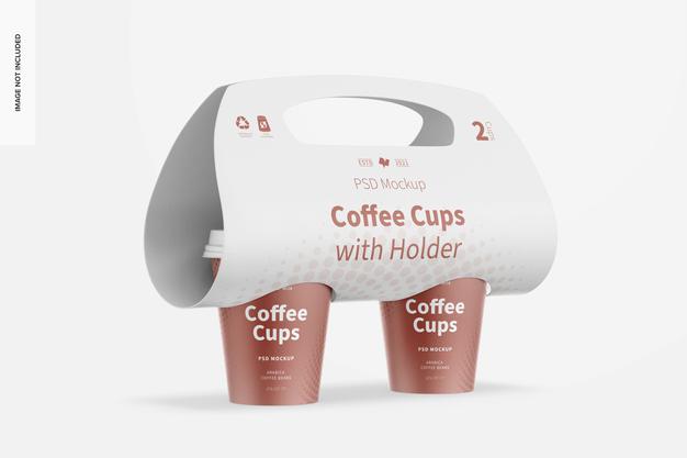 Free Coffee Cups With Holder Mockup, Perspective Psd