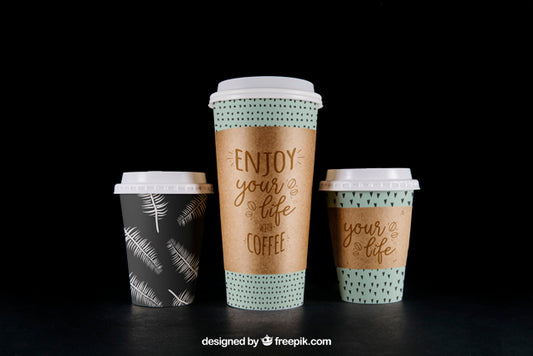 Free Coffee Mockup Of Three Cups Of Different Sizes Psd