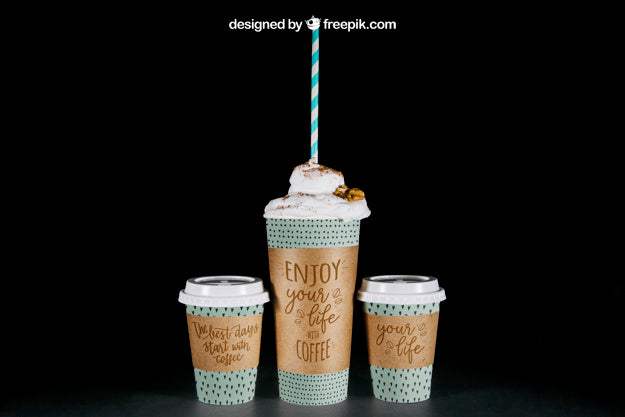 Free Coffee Mockup Two Small And One Large Cup Psd