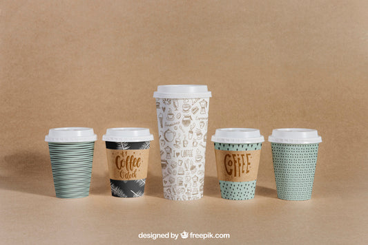 Free Coffee Mockup With Five Cups Of Different Sizes Psd