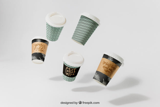 Free Coffee Mockup With Five Flying Cups Psd