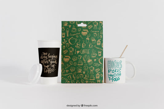 Free Coffee Mockup With Two Cups And Bag Psd