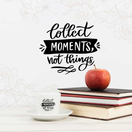 Free Collect Moments, Not Things Quote Book With Apple On Pile Of Books Psd