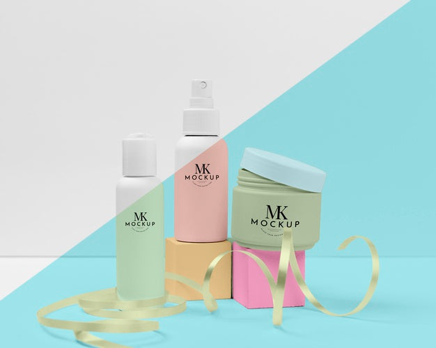 Free Collection Of Mock-Up Beauty Products With Ribbon Psd