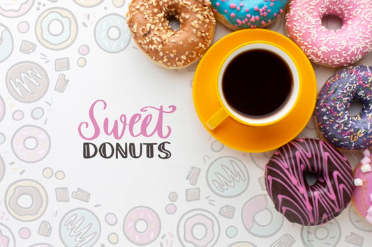 Free Colorful Donuts And Coffee With Mock-Up Psd