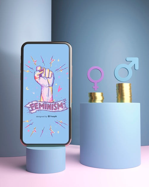 Free Colorful Girl Power Concept Arrangement With Phone Mock-Up Psd