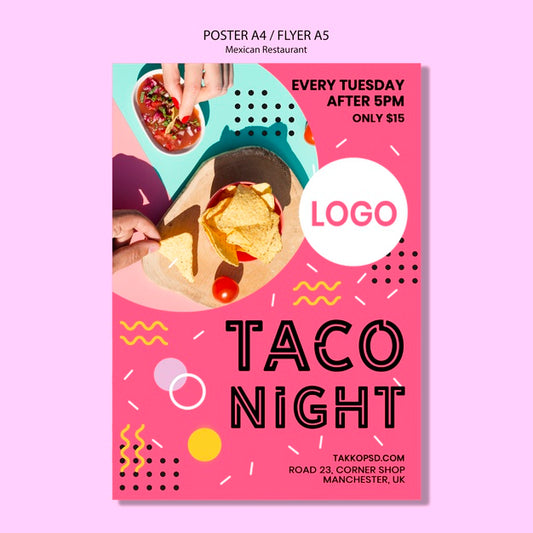 Free Colorful Mexican Taco Night Poster Mock-Up Psd