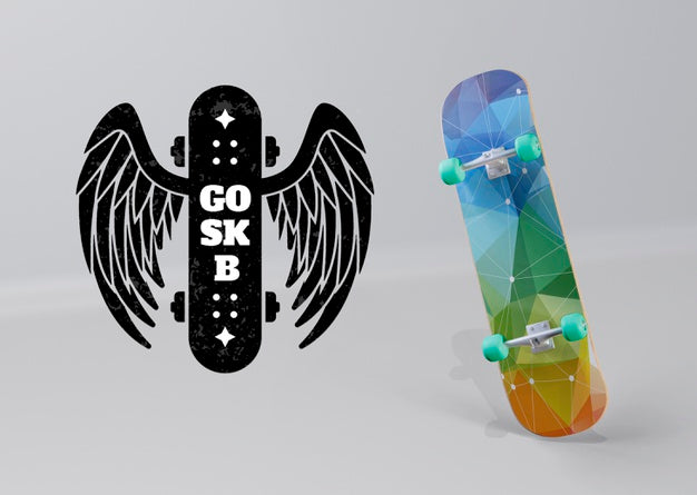 Free Colorful Skateboard With Angel Wings Logo Psd