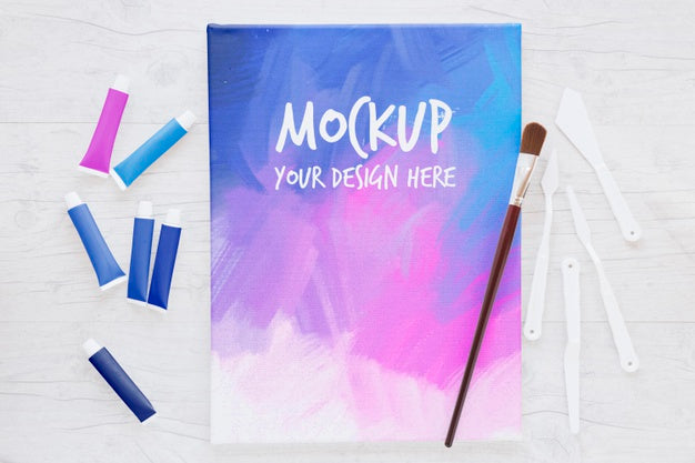 Free Coloured Canvas And Brush Mock-Up Psd