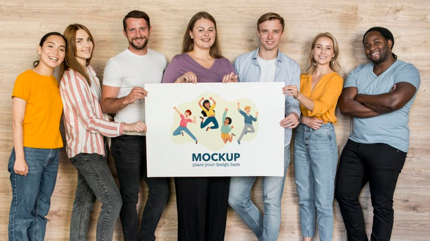 Free Community Mockup With Group Of People Holding Banner Mockup Psd