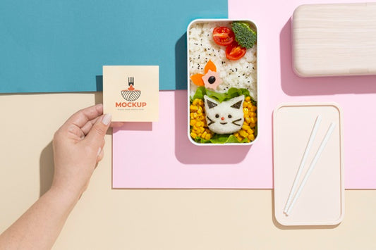 Free Composition Of Bento Box With Mock-Up Card Psd