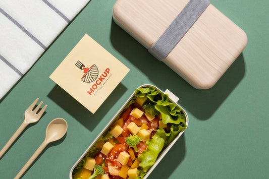Free Composition Of Bento Box With Mock-Up Card Psd